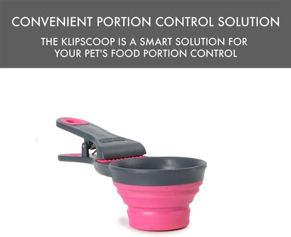 Popware for Pets Collapsible Klip Scoop, 3-in-1 Pet Food Scoop, Measuring Cup and Bag Clip, 1/2 Cup Capacity, Pink
