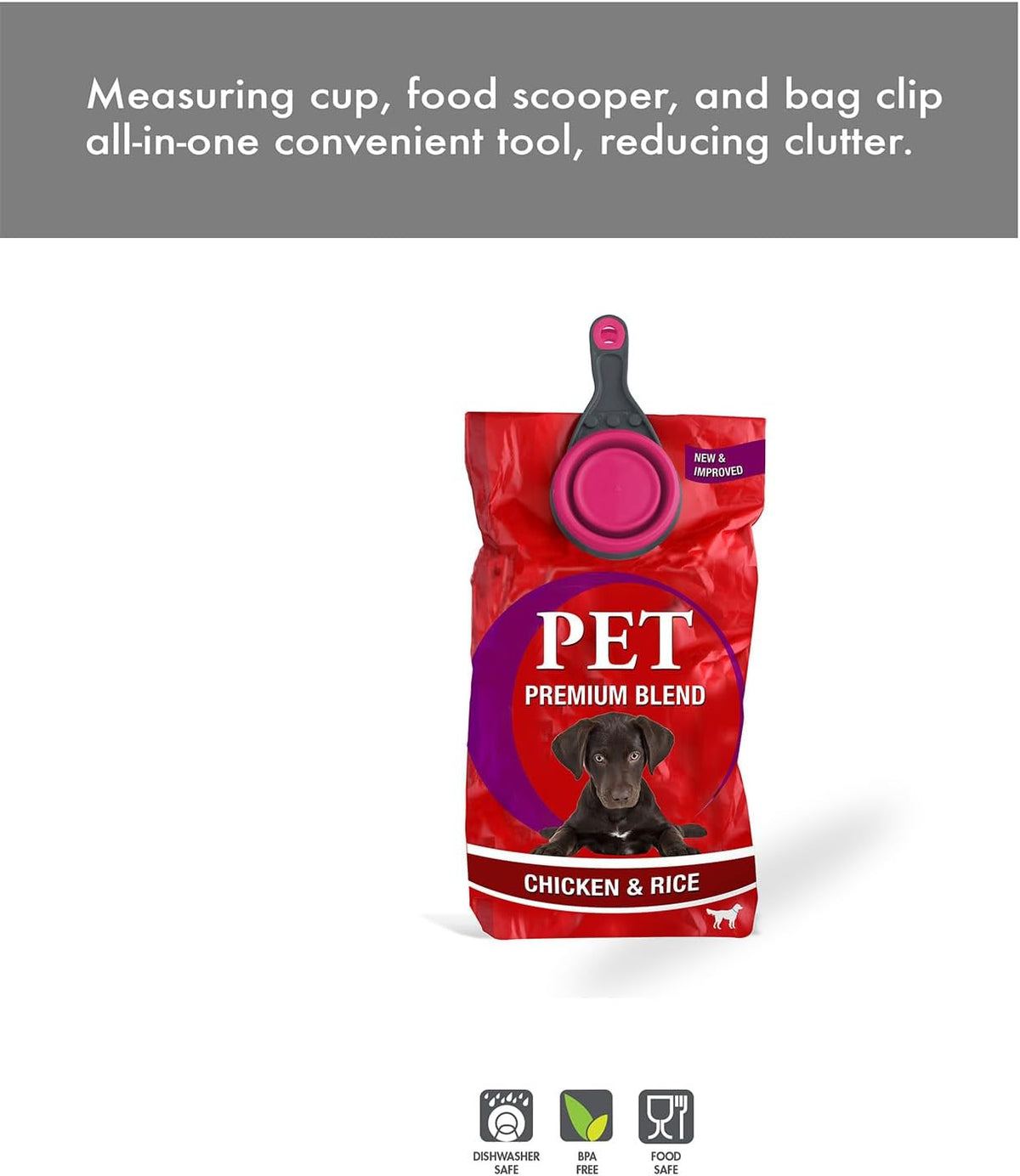 Popware for Pets Collapsible Klip Scoop, 3-in-1 Pet Food Scoop, Measuring Cup and Bag Clip, 1/2 Cup Capacity, Pink