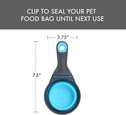 Popware for Pets Collapsible Klip Scoop, 3-in-1 Pet Food Scoop, Measuring Cup and Bag Clip, 1/2 Cup Capacity, Pink