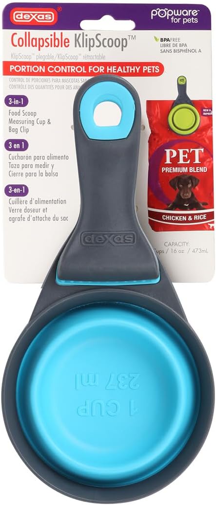 Popware for Pets Collapsible Klip Scoop, 3-in-1 Pet Food Scoop, Measuring Cup and Bag Clip, 1/2 Cup Capacity, Pink