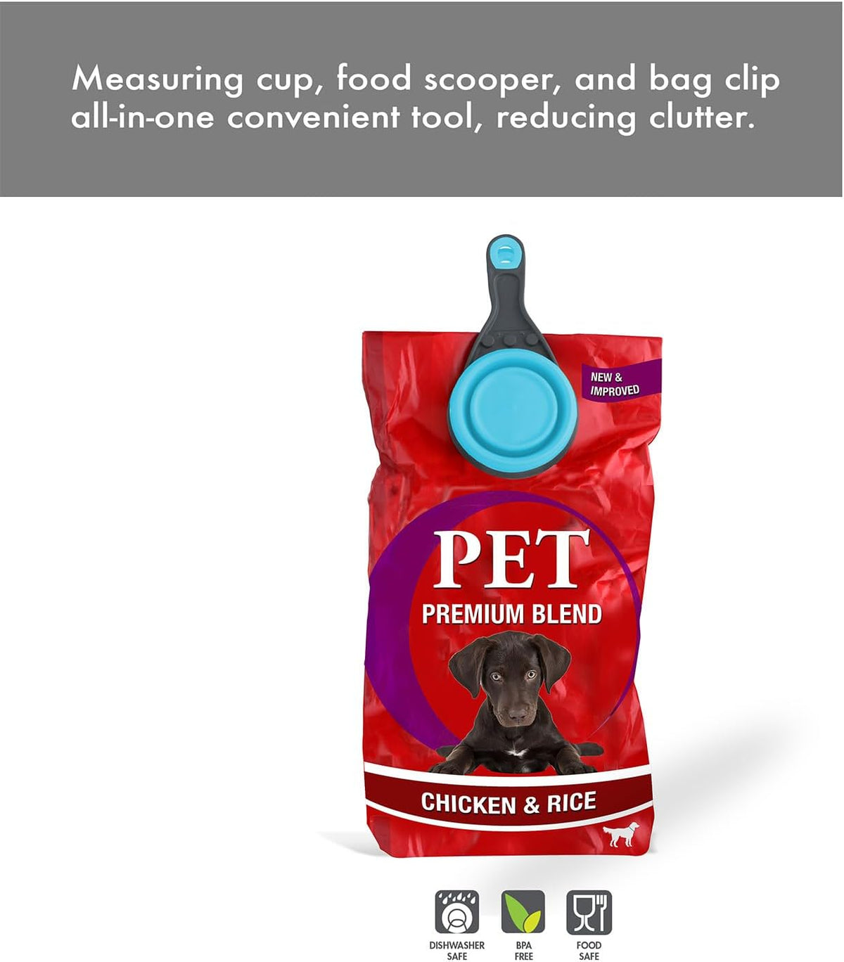 Popware for Pets Collapsible Klip Scoop, 3-in-1 Pet Food Scoop, Measuring Cup and Bag Clip, 1/2 Cup Capacity, Pink