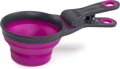 Popware for Pets Collapsible Klip Scoop, 3-in-1 Pet Food Scoop, Measuring Cup and Bag Clip, 1/2 Cup Capacity, Pink