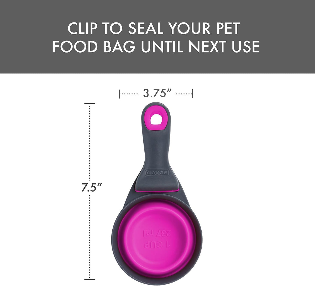 Popware for Pets Collapsible Klip Scoop, 3-in-1 Pet Food Scoop, Measuring Cup and Bag Clip, 1/2 Cup Capacity, Pink
