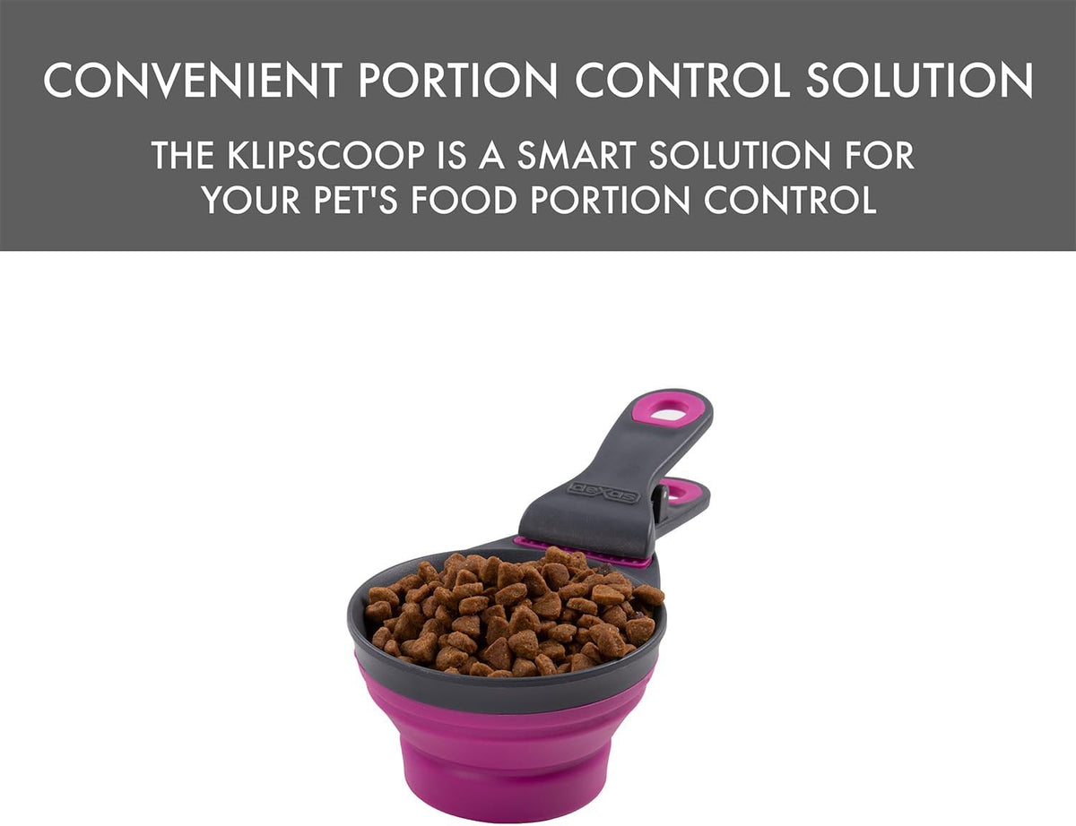 Popware for Pets Collapsible Klip Scoop, 3-in-1 Pet Food Scoop, Measuring Cup and Bag Clip, 1/2 Cup Capacity, Pink