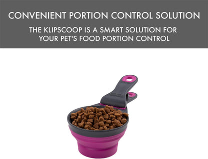 Popware for Pets Collapsible Klip Scoop, 3-in-1 Pet Food Scoop, Measuring Cup and Bag Clip, 1/2 Cup Capacity, Pink