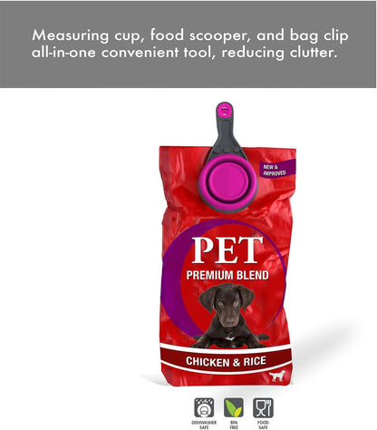 Popware for Pets Collapsible Klip Scoop, 3-in-1 Pet Food Scoop, Measuring Cup and Bag Clip, 1/2 Cup Capacity, Pink