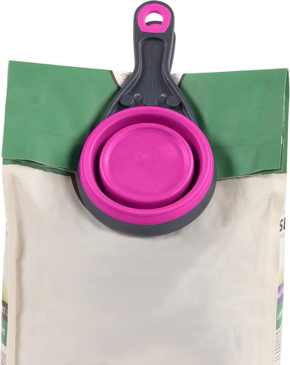 Popware for Pets Collapsible Klip Scoop, 3-in-1 Pet Food Scoop, Measuring Cup and Bag Clip, 1/2 Cup Capacity, Pink
