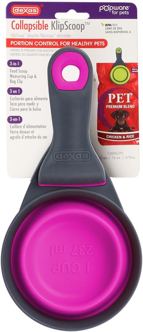 Popware for Pets Collapsible Klip Scoop, 3-in-1 Pet Food Scoop, Measuring Cup and Bag Clip, 1/2 Cup Capacity, Pink