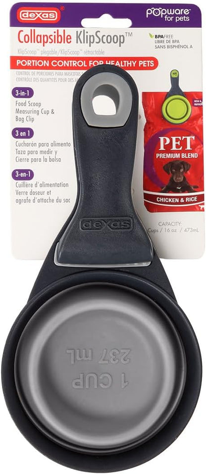 Popware for Pets Collapsible Klip Scoop, 3-in-1 Pet Food Scoop, Measuring Cup and Bag Clip, 1/2 Cup Capacity, Pink