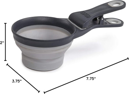 Popware for Pets Collapsible Klip Scoop, 3-in-1 Pet Food Scoop, Measuring Cup and Bag Clip, 1/2 Cup Capacity, Pink