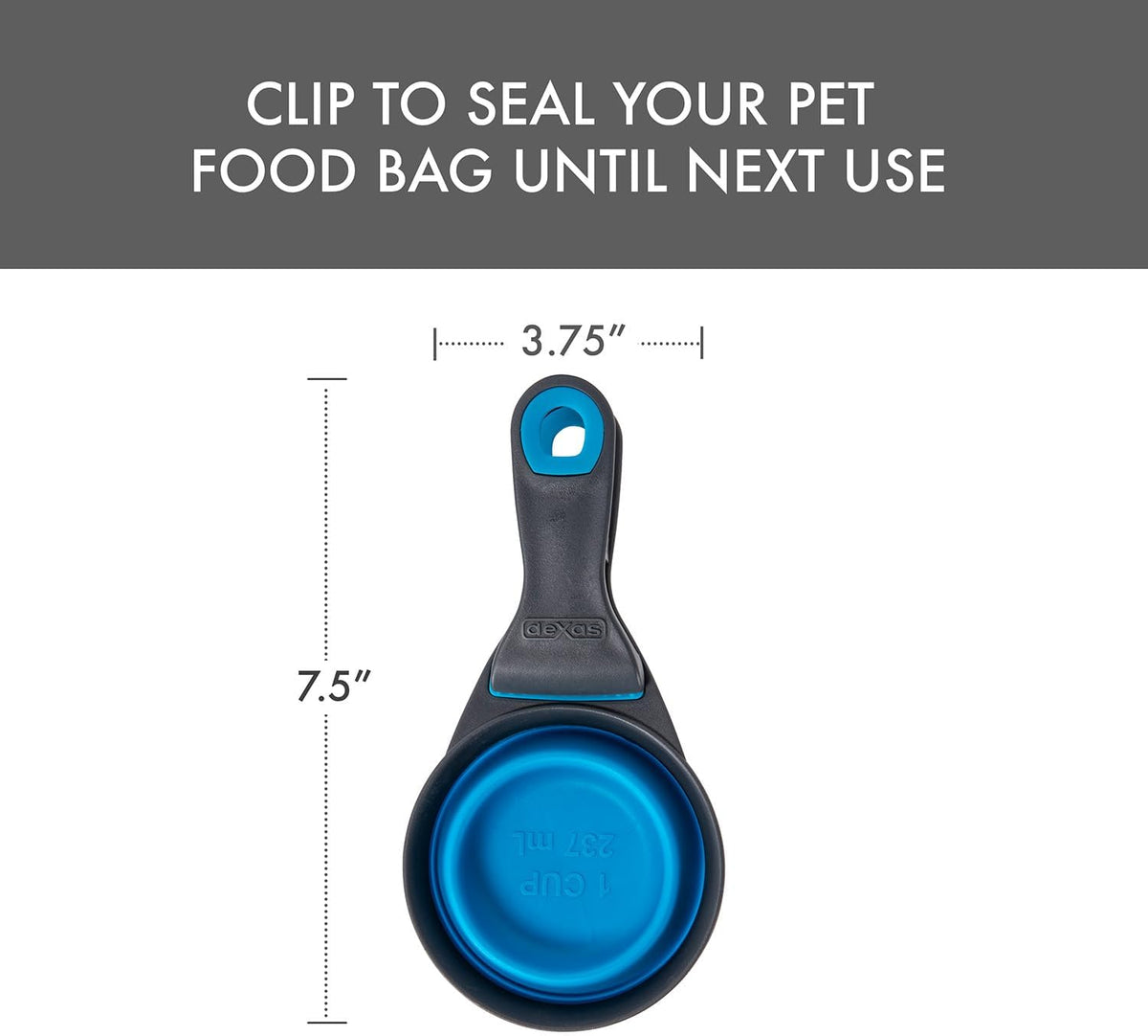 Popware for Pets Collapsible Klip Scoop, 3-in-1 Pet Food Scoop, Measuring Cup and Bag Clip, 1/2 Cup Capacity, Pink