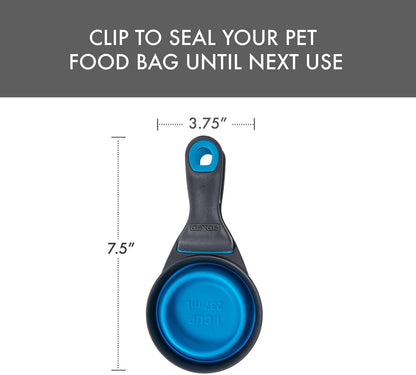 Popware for Pets Collapsible Klip Scoop, 3-in-1 Pet Food Scoop, Measuring Cup and Bag Clip, 1/2 Cup Capacity, Pink