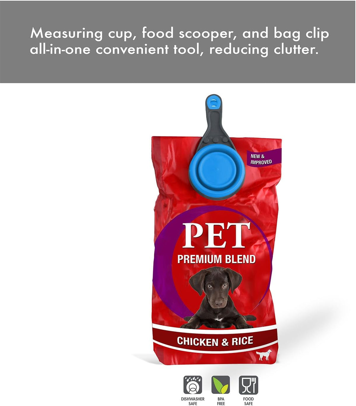 Popware for Pets Collapsible Klip Scoop, 3-in-1 Pet Food Scoop, Measuring Cup and Bag Clip, 1/2 Cup Capacity, Pink
