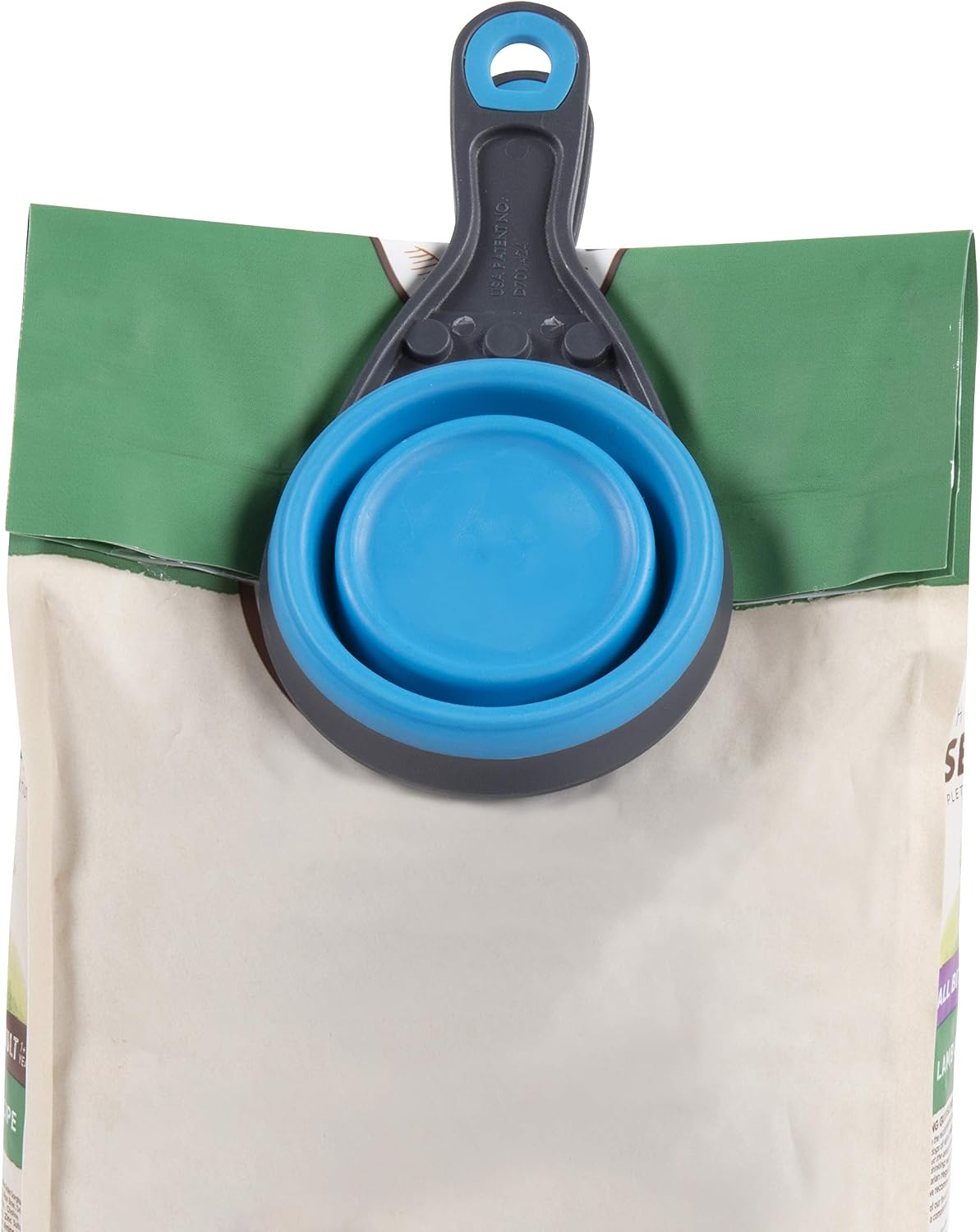 Popware for Pets Collapsible Klip Scoop, 3-in-1 Pet Food Scoop, Measuring Cup and Bag Clip, 1/2 Cup Capacity, Pink