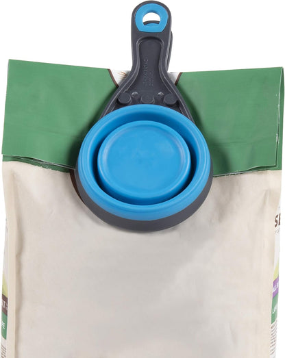 Popware for Pets Collapsible Klip Scoop, 3-in-1 Pet Food Scoop, Measuring Cup and Bag Clip, 1/2 Cup Capacity, Pink
