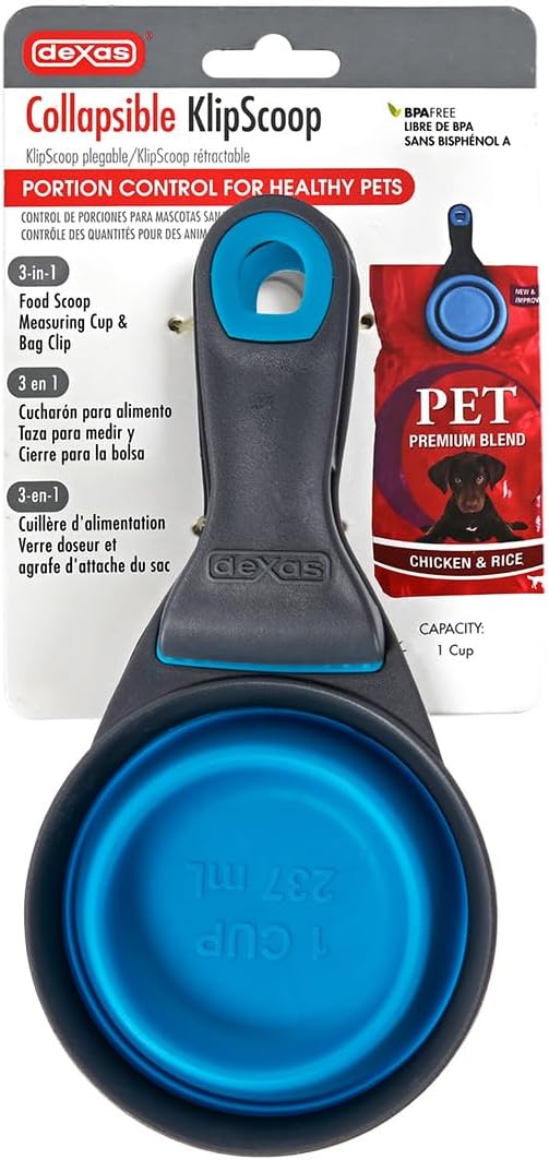 Popware for Pets Collapsible Klip Scoop, 3-in-1 Pet Food Scoop, Measuring Cup and Bag Clip, 1/2 Cup Capacity, Pink