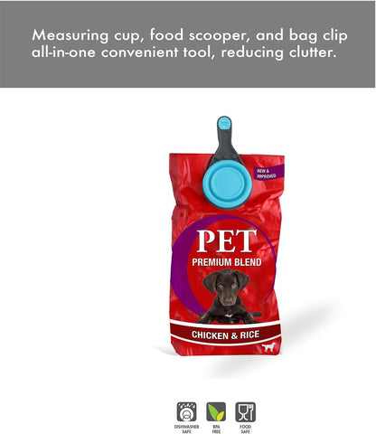 Popware for Pets Collapsible Klip Scoop, 3-in-1 Pet Food Scoop, Measuring Cup and Bag Clip, 1/2 Cup Capacity, Pink