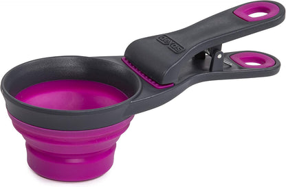 Popware for Pets Collapsible Klip Scoop, 3-in-1 Pet Food Scoop, Measuring Cup and Bag Clip, 1/2 Cup Capacity, Pink