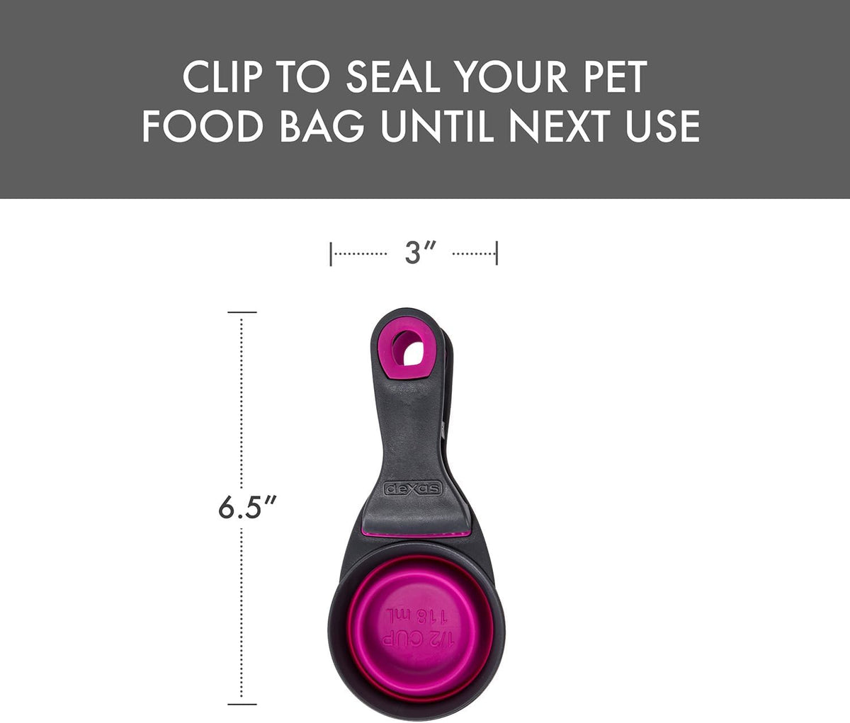 Popware for Pets Collapsible Klip Scoop, 3-in-1 Pet Food Scoop, Measuring Cup and Bag Clip, 1/2 Cup Capacity, Pink