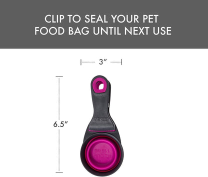 Popware for Pets Collapsible Klip Scoop, 3-in-1 Pet Food Scoop, Measuring Cup and Bag Clip, 1/2 Cup Capacity, Pink