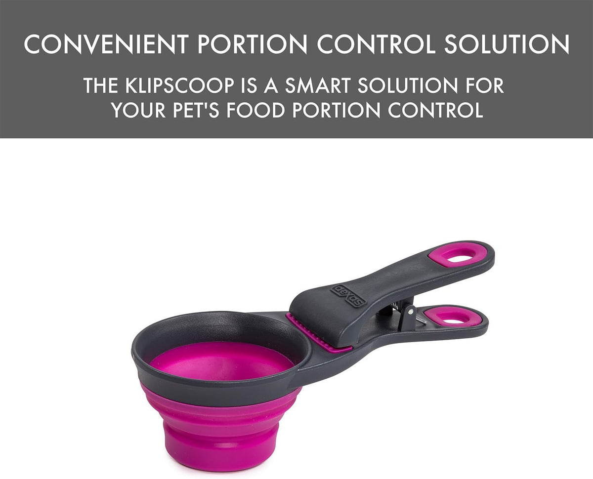 Popware for Pets Collapsible Klip Scoop, 3-in-1 Pet Food Scoop, Measuring Cup and Bag Clip, 1/2 Cup Capacity, Pink