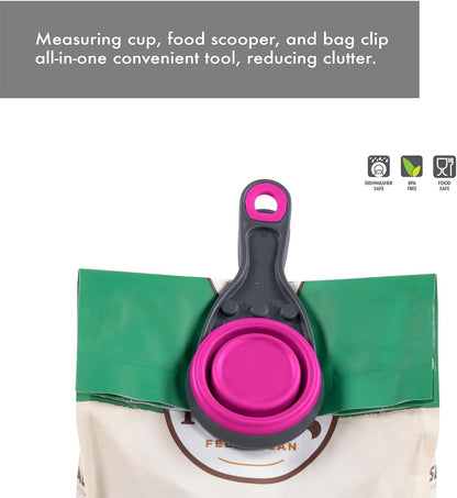 Popware for Pets Collapsible Klip Scoop, 3-in-1 Pet Food Scoop, Measuring Cup and Bag Clip, 1/2 Cup Capacity, Pink