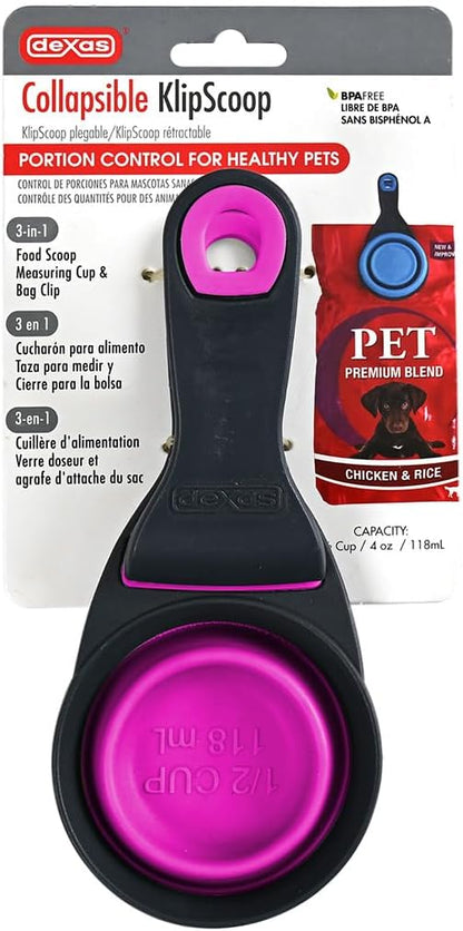 Popware for Pets Collapsible Klip Scoop, 3-in-1 Pet Food Scoop, Measuring Cup and Bag Clip, 1/2 Cup Capacity, Pink