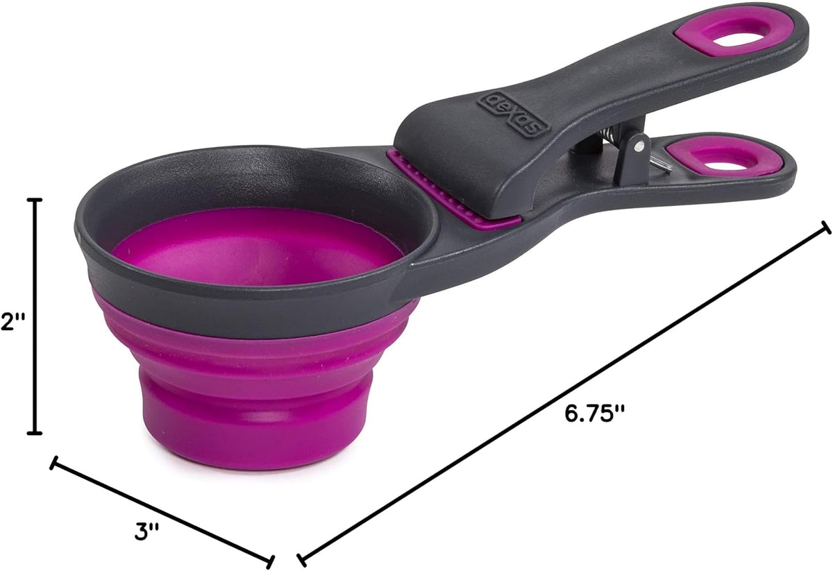 Popware for Pets Collapsible Klip Scoop, 3-in-1 Pet Food Scoop, Measuring Cup and Bag Clip, 1/2 Cup Capacity, Pink