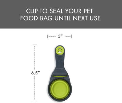 Popware for Pets Collapsible Klip Scoop, 3-in-1 Pet Food Scoop, Measuring Cup and Bag Clip, 1/2 Cup Capacity, Pink