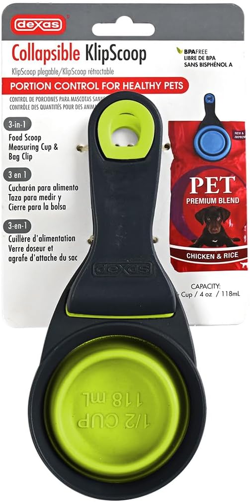Popware for Pets Collapsible Klip Scoop, 3-in-1 Pet Food Scoop, Measuring Cup and Bag Clip, 1/2 Cup Capacity, Pink