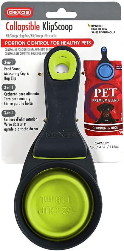 Popware for Pets Collapsible Klip Scoop, 3-in-1 Pet Food Scoop, Measuring Cup and Bag Clip, 1/2 Cup Capacity, Pink