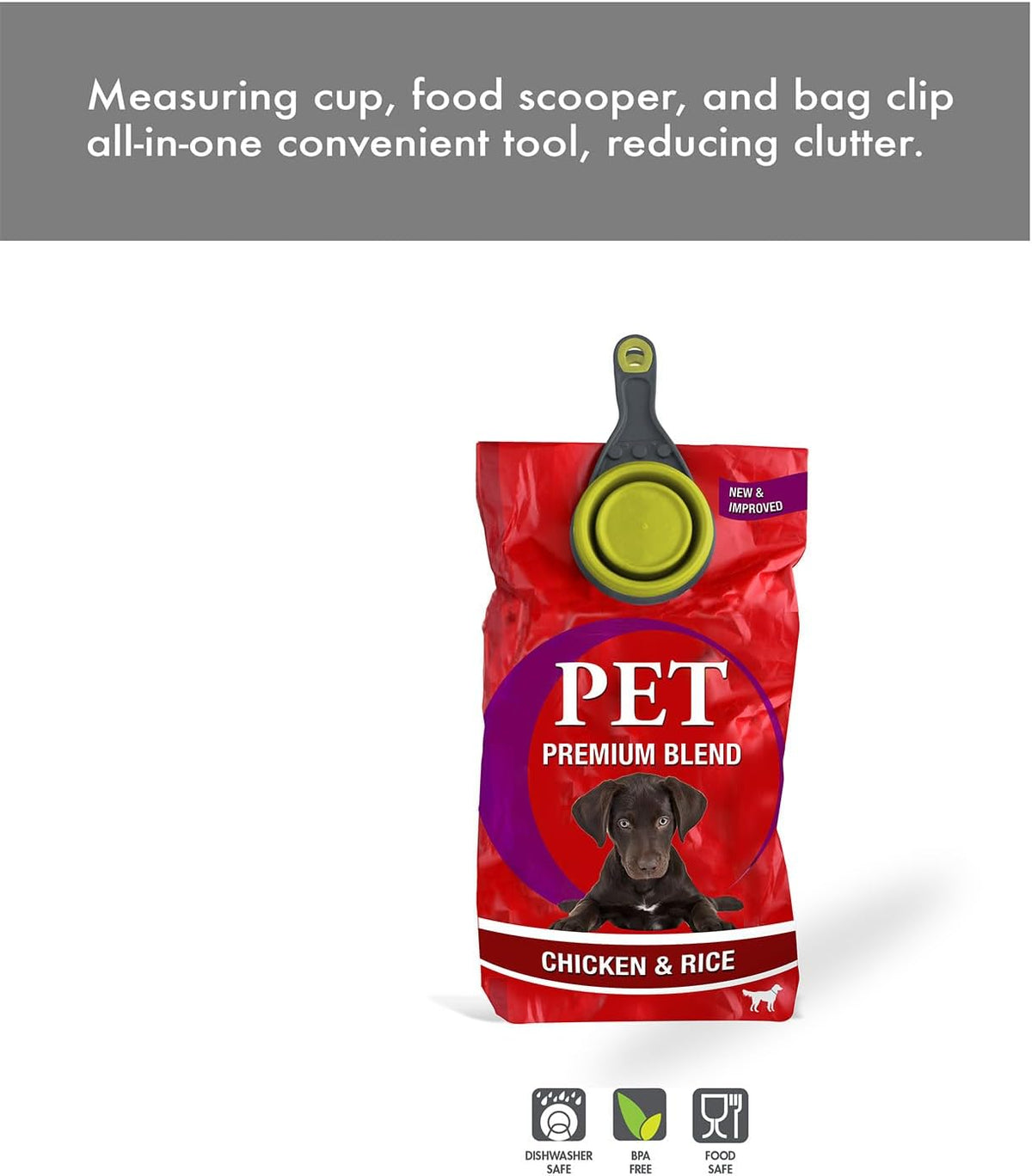 Popware for Pets Collapsible Klip Scoop, 3-in-1 Pet Food Scoop, Measuring Cup and Bag Clip, 1/2 Cup Capacity, Pink