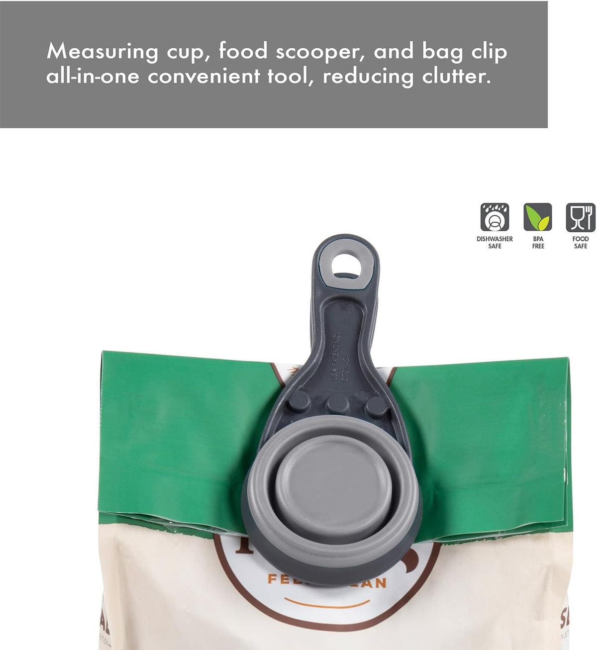 Popware for Pets Collapsible Klip Scoop, 3-in-1 Pet Food Scoop, Measuring Cup and Bag Clip, 1/2 Cup Capacity, Pink