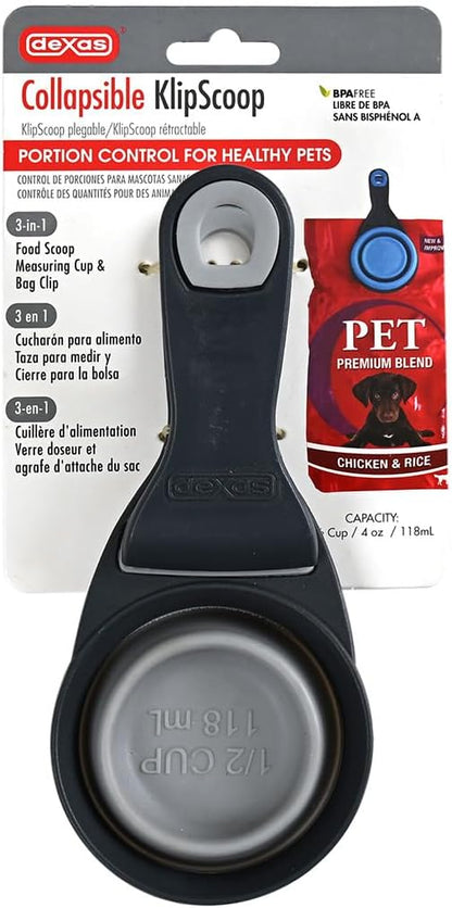 Popware for Pets Collapsible Klip Scoop, 3-in-1 Pet Food Scoop, Measuring Cup and Bag Clip, 1/2 Cup Capacity, Pink
