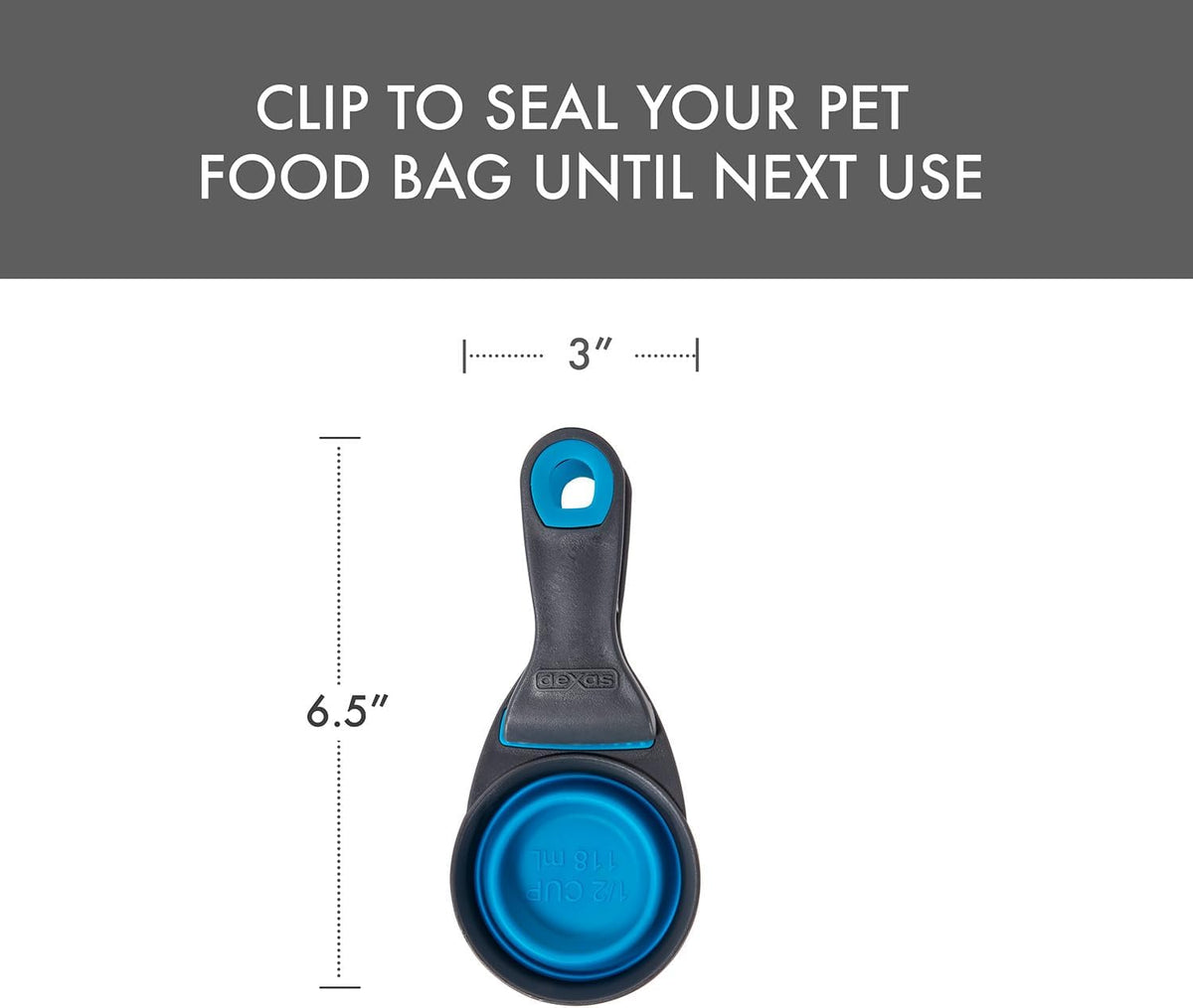 Popware for Pets Collapsible Klip Scoop, 3-in-1 Pet Food Scoop, Measuring Cup and Bag Clip, 1/2 Cup Capacity, Pink