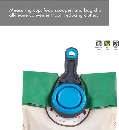 Popware for Pets Collapsible Klip Scoop, 3-in-1 Pet Food Scoop, Measuring Cup and Bag Clip, 1/2 Cup Capacity, Pink