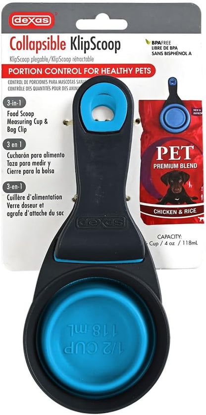 Popware for Pets Collapsible Klip Scoop, 3-in-1 Pet Food Scoop, Measuring Cup and Bag Clip, 1/2 Cup Capacity, Pink