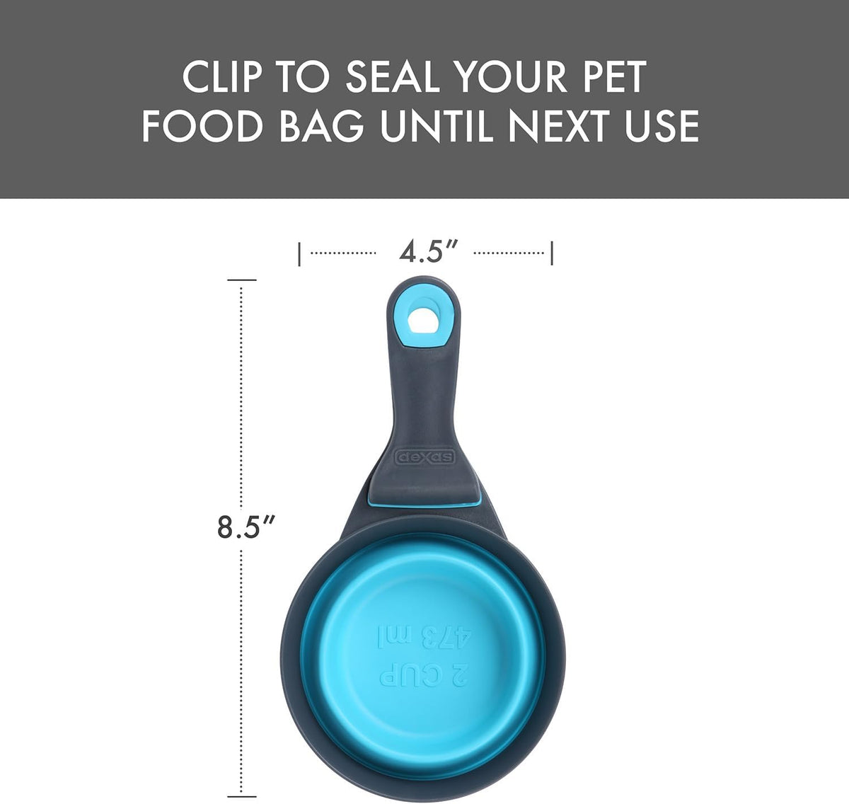 Popware for Pets Collapsible Klip Scoop, 3-in-1 Pet Food Scoop, Measuring Cup and Bag Clip, 1/2 Cup Capacity, Pink