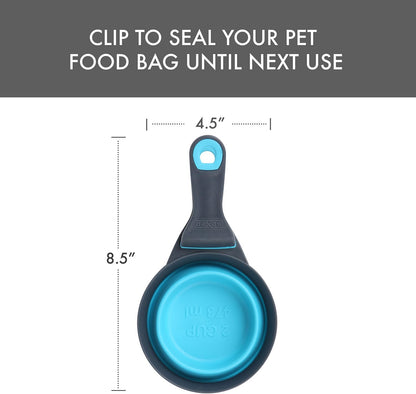 Popware for Pets Collapsible Klip Scoop, 3-in-1 Pet Food Scoop, Measuring Cup and Bag Clip, 1/2 Cup Capacity, Pink