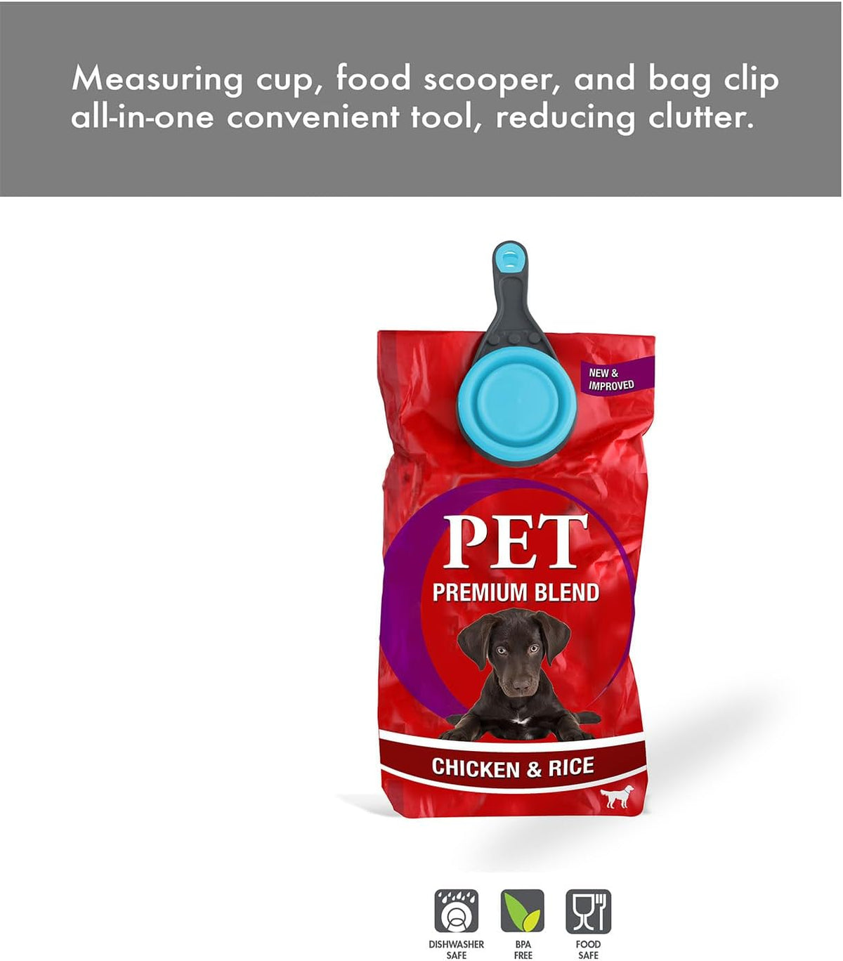 Popware for Pets Collapsible Klip Scoop, 3-in-1 Pet Food Scoop, Measuring Cup and Bag Clip, 1/2 Cup Capacity, Pink