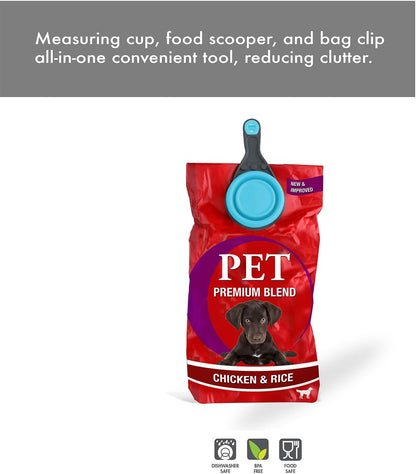 Popware for Pets Collapsible Klip Scoop, 3-in-1 Pet Food Scoop, Measuring Cup and Bag Clip, 1/2 Cup Capacity, Pink