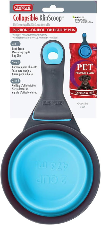 Popware for Pets Collapsible Klip Scoop, 3-in-1 Pet Food Scoop, Measuring Cup and Bag Clip, 1/2 Cup Capacity, Pink