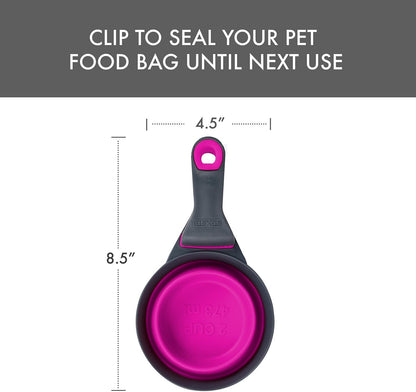Popware for Pets Collapsible Klip Scoop, 3-in-1 Pet Food Scoop, Measuring Cup and Bag Clip, 1/2 Cup Capacity, Pink
