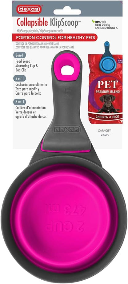 Popware for Pets Collapsible Klip Scoop, 3-in-1 Pet Food Scoop, Measuring Cup and Bag Clip, 1/2 Cup Capacity, Pink