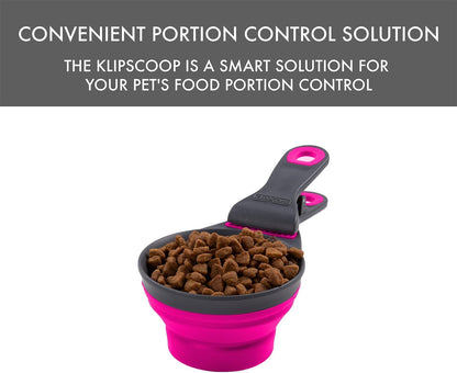 Popware for Pets Collapsible Klip Scoop, 3-in-1 Pet Food Scoop, Measuring Cup and Bag Clip, 1/2 Cup Capacity, Pink