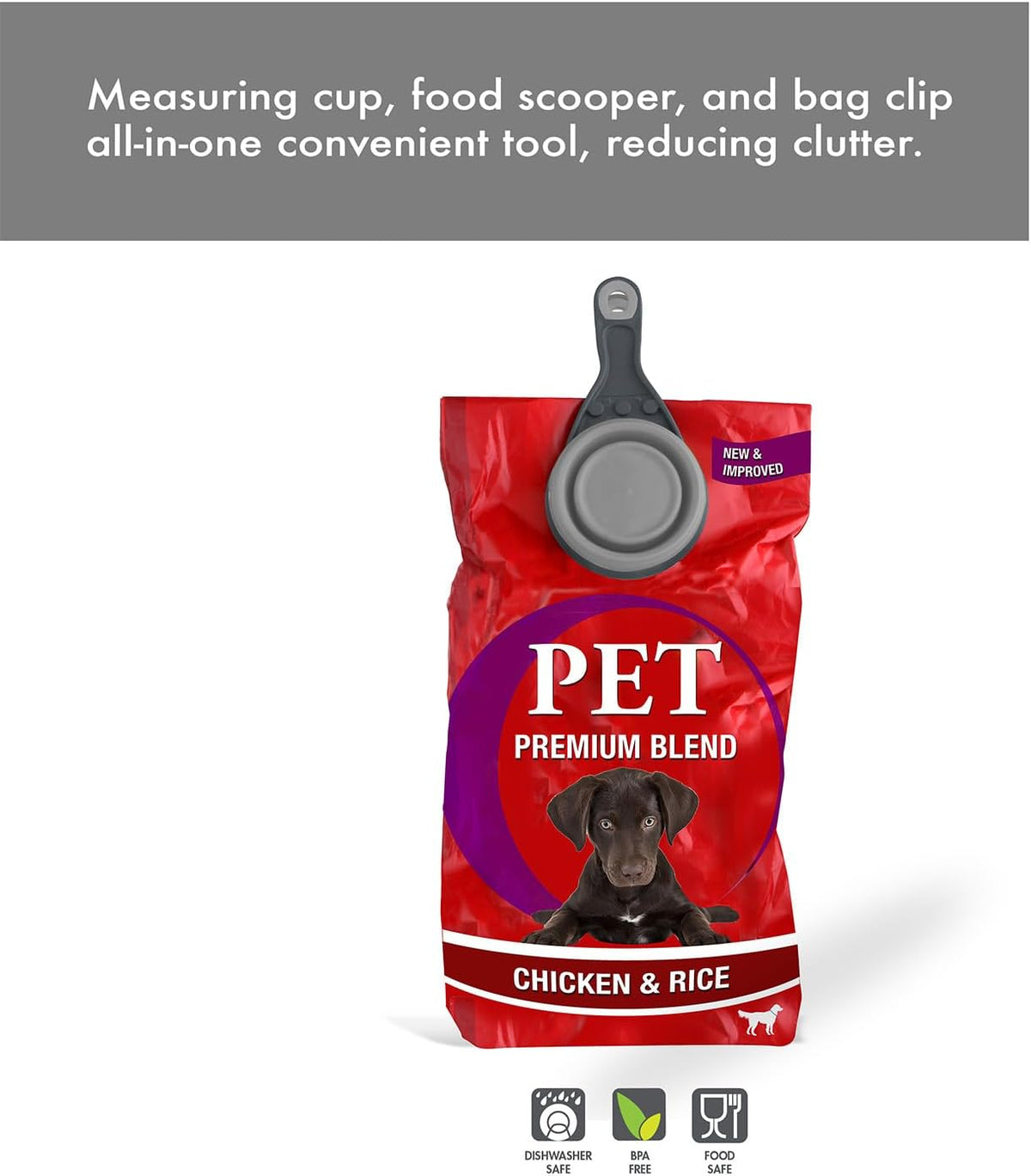 Popware for Pets Collapsible Klip Scoop, 3-in-1 Pet Food Scoop, Measuring Cup and Bag Clip, 1/2 Cup Capacity, Pink