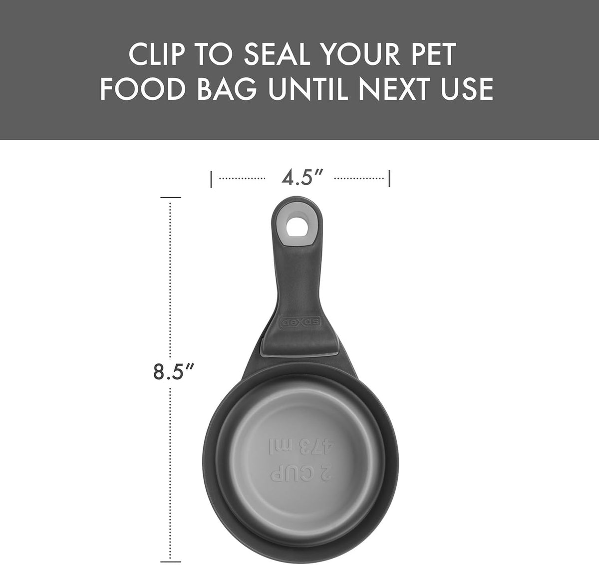 Popware for Pets Collapsible Klip Scoop, 3-in-1 Pet Food Scoop, Measuring Cup and Bag Clip, 1/2 Cup Capacity, Pink