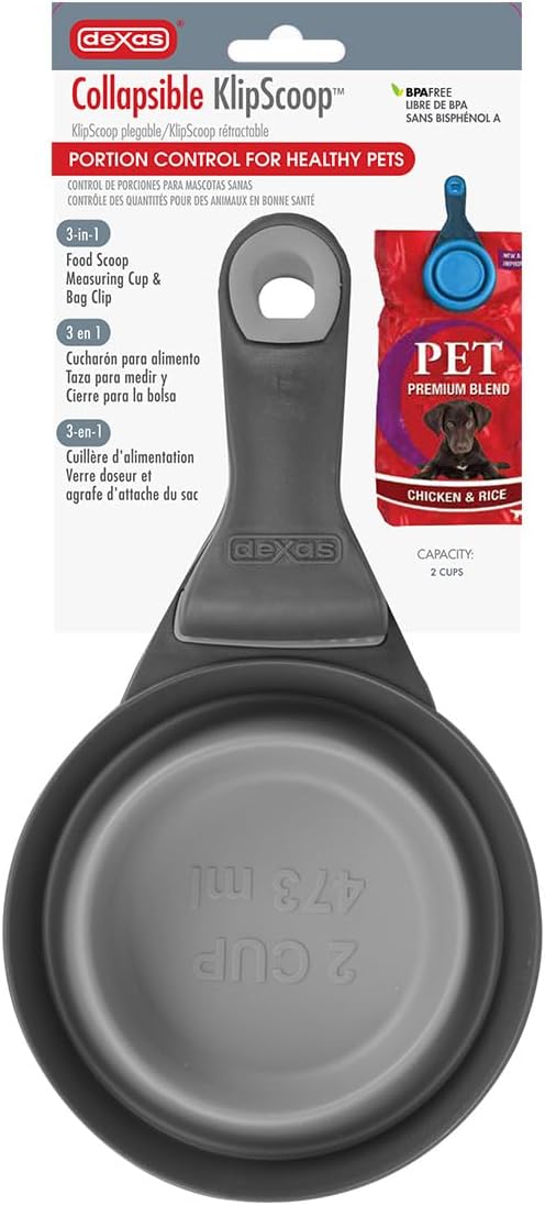 Popware for Pets Collapsible Klip Scoop, 3-in-1 Pet Food Scoop, Measuring Cup and Bag Clip, 1/2 Cup Capacity, Pink