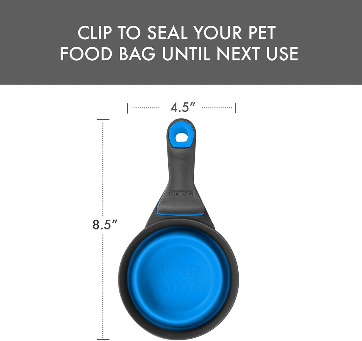 Popware for Pets Collapsible Klip Scoop, 3-in-1 Pet Food Scoop, Measuring Cup and Bag Clip, 1/2 Cup Capacity, Pink