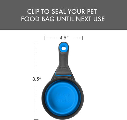 Popware for Pets Collapsible Klip Scoop, 3-in-1 Pet Food Scoop, Measuring Cup and Bag Clip, 1/2 Cup Capacity, Pink